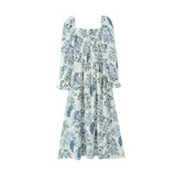 French Casual Style Square-neck Slim-fit Dress Feminine With Side Slit Three-quarter Sleeves Waist Cinching Printed Holiday THF3