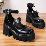 Black Chunky High Heels Mary Jane Shoes Women Punk Style Double Buckle Platform Pumps Woman Plus Size 43 Thick Heels Party Shoes