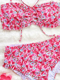 DEKA Ruffles Strapless Lace-Up Bikini Set Floral Pattern Swimsuit Women High Waist Bikini Summer New Swim Bathing Suit