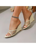 Fashion Embroidery Breathable Organza Mesh Slides Women's Peep Toe Slippers Designer Wedges High Heels Shoes 35-42 New Summer