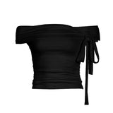 Korean Style Solid Color Women's Top Casual Slash neck Crop Top Fahionable Slim Fit White Tee Lady Summer Night Out Dress up