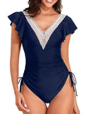 2026 Crochet Drawstring One Piece Swimsuit Women Sexy Ruffle Swimwear Female Solid Bathers Bathing Swimming Swim Suit Beachwear