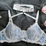 Toucheart Sexy Lingerie Set Lace Patchwork Embroidery Bra Set For Women Perspective Sexy Hanging Neck Underwear Garter Stockings