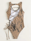 2026 Print Lace Up Back Swimsuit One Piece Solid Swimwear Women Bathing Swimming Suit Female Padded Summer Beachwear Bodysuit