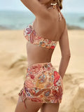 3 Pieces Ring Link Halter Bikini 2026 Print Swimwear Female Sexy Swimsuit Women & Beach Skirt Bathers Bathing Swimming Swim Suit