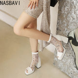 White Polka Dot Mesh Peep Toe Chunky Block Heel Platform Back Zipper Ankle Sandal Boots for Women