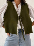 Women's Knit Waistcoat Contrast Color Trim Lacing Closure V-Neck Sleeveless Knit Sweater Vest Cardigan Outerwear