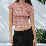 Women Casual Summer Plaid Print Shirred Tops Slim Mock Neck Short Sleeve Crop Ruffle T-shirts Streetwear