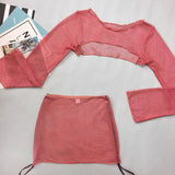 Women Metallic Glitter Pink Gold Micro Mini String Bikini Sets 4 Pieces with Mesh Cover Tops and Mini Skirt Swimsuit Biquini