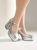 Women Silver Metallic Platform Mary Jane Shoes Double Rhinestone Buckle Chunky Block High Heels Y2K Vintage Square Toe Pumps