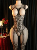 Sheer Floral Jacquard Fishnet Bodysuits - High Stretch, Open Chest, Women Sexy Lingerie Crotchless Bodystockings Babydoll Dress