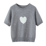 Fashion Casual Heart-patterned Short-sleeve Knit Shirt Women Heart Pattern Short Sleeve Knit Sweater Casual Crew Neck Top 7S5S