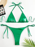 Sexy Shiny Pu Faux Leather Bikini 2025 Women Swimwear Female Swimsuit Two-pieces Bikini set String Bather Bathing Suit Swim Lady
