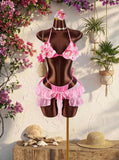 Vintage Blue 3D Floral Bikinis Sets Women Mesh Ruffle Skirt 3 Piece Swimsuit 2026 Sexy Push Up Bra Bathing Suit Holiday Swimwear
