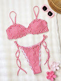 DEKA 2026 Vintage Pink Striped Knitted Bikini Set Women Sexy Drawstring Side Swimsuit Bathing Suit Swimwear