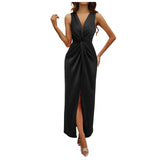 Evening Party Dress For Womens Summer Elegant Formal Dresses Sexy Sleeveless Deep V Neck Pleated Long Vestidos With High Split