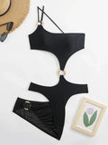 Asymmetric One Shoulder Mesh Skirt One Piece Swimsuit Women Thong Swimwear Female Metal Ring Monokini Bathing Suit Beachwear