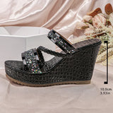 Gold Shiny Sequin Wedges Sandals Women Plus Size 42 Summer Chunky Platform Slippers Woman Crystal High Heel Party Shoes Ladies