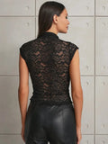 Ahagaga Summer Chic Lace Patchwork Tops Tees Sexy Sleeveless High Neck Hollow Out Slim Regular Elegant Club T-Shirt for Ladies