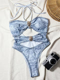 Denim Printed Halter Cut Out One Piece Swimsuit Women Swimwear Female High Cut Monokini Bather Slim Bathing Suit Swim Bodysuit