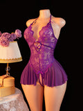 Adult Erotic Bodysuit Lace Hanging Collar Deep V-neck Semi Transparent Women Sexy Lingerie Crotchless Hot Underwear