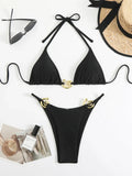 Sexy Black Bikini Set Women Green Metal Ring Designer Push Up Swimwear 2025 Brazilian Beach Bathing Suit Thong Swimsuit Biquini