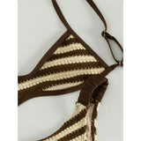 Striped Crochet Knitted Bikini Female Swimsuit Women Swimwear Two-Pieces Bikini Set High Leg Cut Bather Bathing Suit Swim V8225
