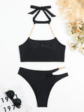 DEKA Women Push Up Metal Chain Neck Bikini Set Shoulder Straps High Waist Bottom Swimwear Women Swimming Beach Bathing Suit