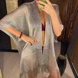 Sexy Fringe Tassel Mesh Sheer Shiny Knitted Tunic Beach Cover Up Cover-ups Beach Dress Beach Wear Beachwear Female Women V3321