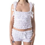 2 Piece Sets Women's Layered Ruffle Lace Sleeveless Vest Tops and Bow Shorts Sets 2024 Summer Casual Gothic Y2K Loungewear