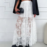 Women See-Through Lace A-Line Skirts Casual Summer Solid Color Elastic Waist Long Skirt for Beach Vacation Club