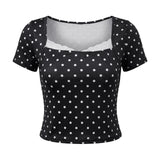 2026 Summer Women Lace Trim T-shirt Square Neck Short Sleeve Slim Fit Cropped Tops Trendy Daily Casual Retro Shirts