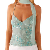 Women Camisoles Sequins Beaded Flower Embroidery V-Neck Casual Camis Tops Summer Fashion Sleeveless Crop Tops with Choker Scarf
