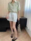 Turn-Down Collar Loose Short-Sleeve Shirt Women White Short Sleeve Shirt Chest Pocket V Neck Button Casual Summer Blouse H9EH