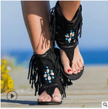 Retro Women Fringe Flower Wedges Shoes 2022 Solid Flock Beach Casual Sandals Women Summer Flip Flop Sandals