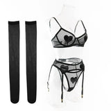 Toucheart Sexy Lingerie Undies Solid Color Mesh See-through Women's Garters Underwear Suit Sexy Stocking Underwear 5-piece Set