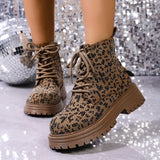 Fashion Leopard Print Platform Ankle Boots Women Lace Up Thick Sole Crystal Short Booties Mujer Round Toe Zipper Modern Boots