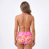 Women’s Two Piece Bikini Set Rose Hibiscus Floral Print Halter Tops with Fold Over Waist Shorts Summer Beach Wear