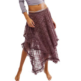 Women's Solid Color Midi Skirts Lace Elastic High Waist Skirts Spring Summer Sweet Irregular Hem Casual Skirts
