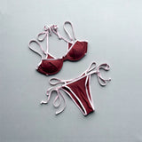 Halter Splicing Bikini Female Swimsuit Women Swimwear Two-pieces Bikini Set Underwired Strappy Bather Bathing Suit Swim V8173