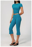 Yoga Set for Women High Waist Hip Lifting Tight Mid Pants Fitness Suit Short Sleeve O Neck Slimming Sports T Shirt Athletic Wear