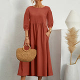 Womens Casual Summer Cotton Dress With Pockets 3/4 Sleeve Loose Midi Shirt Dress Women Dresses With Short Sleeves Vestidos