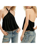 Women Summer  Halter Crop Top Sleeveless Backless Solid/Dots Print  Vest for Club Party
