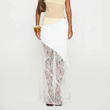 Women's Summer Satin Lace Patchwork Long Skirts Mid Waist Solid Color Fashion Elegant Asymmetric Skirts