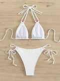 Sexy Pink Micro Thong Bikinis Sets Bead String Halter Swimwear Women Mini Swimsuit Bathing Suit Lace-up Biquinis Triangle Bikini