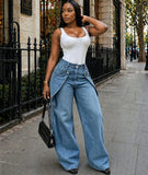 European and American style casual jeans street fashion staggered button design straight leg