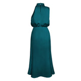 Foridol One Shoulder Turtleneck Tank Satin Women Party Dress Robe Zip Sleeveless Elegant Vintage Folds Women Clothing 2025