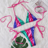 Splicing PU Leather Mini Micro Thong Bikini Women Swimsuit Female Swimwear Three-pieces Bikini Set Halter Bathing Suit Swim Lady