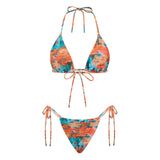 Combhasaki Women's Y2K Goth 2Pieces Tie-up Bathing Suits Sleeveless Halter Neck Backless Floral Bra + Low Waist Thong Swimsuits