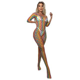 Women Rainbow Fishnet Bodysuit, Long Sleeve Crotchless Sheer Hollow Lingerie